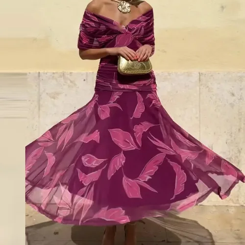 Imagen 2 del producto Vestido Sexy con cuello en V y hombros descubiertos, vestido estampado Floral, informal, manga chal, cintura alta, plisado, novedad de verano, vestidos de banquete de malla para mujer