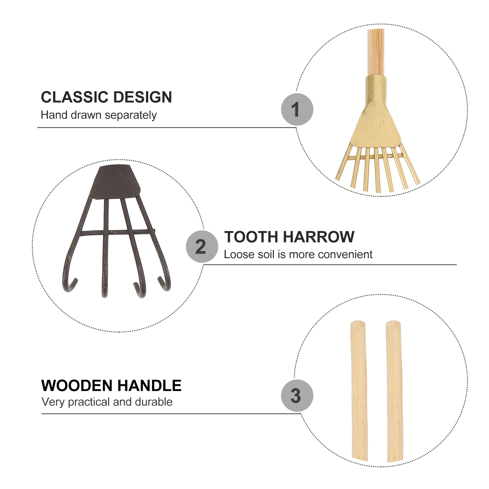 

3pcs Rake Iron Decorations Mini Tools Vintage Style Strong Handle Multi Purpose Planting Soil