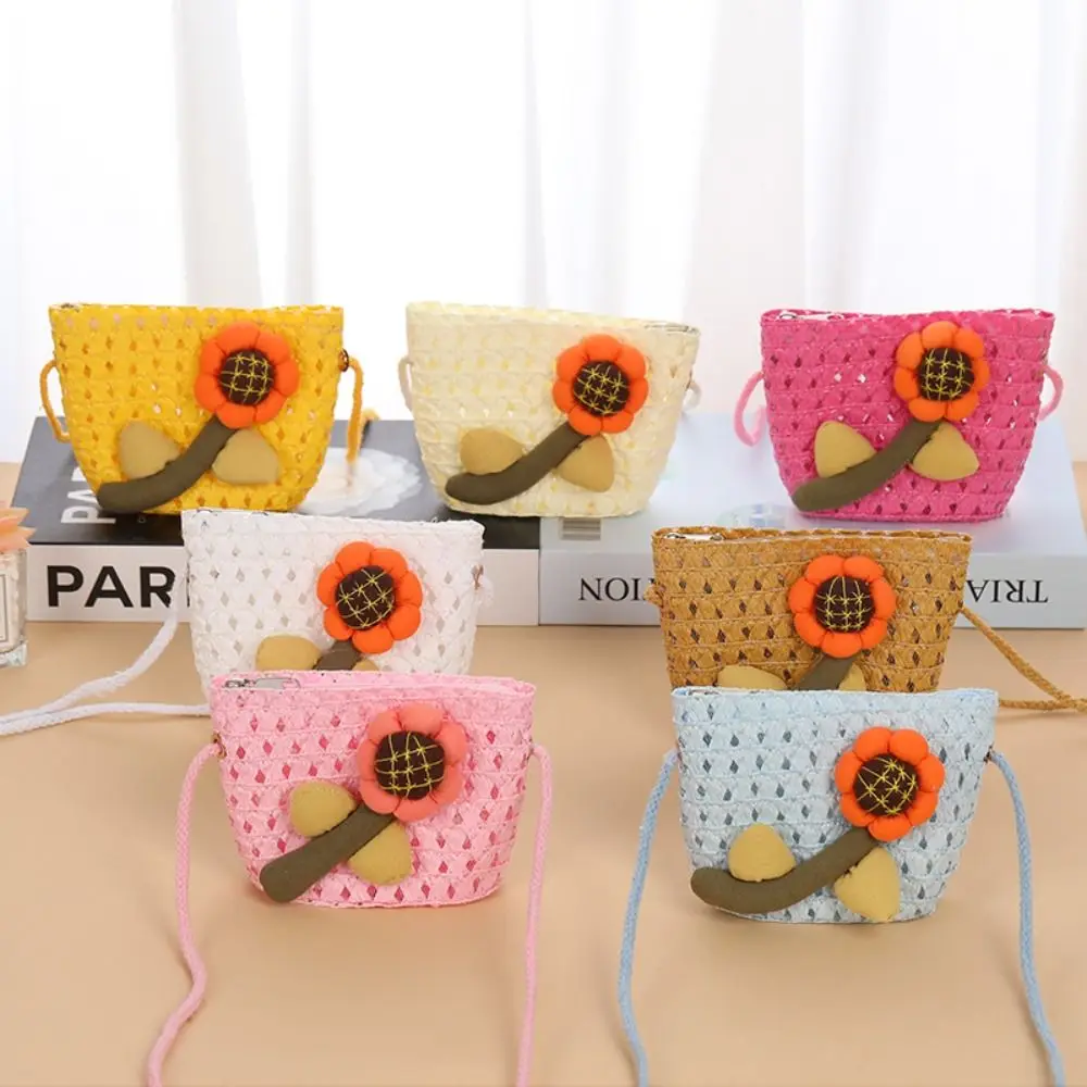 Straw Straw Shoulder Bags New Flower Mini Coin Purse Crossbody Bag Kids Girls