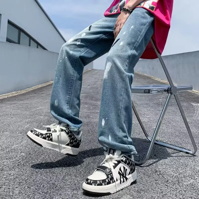

Trendy Men's Loose Straight Leg Jeans Water Waed American fiti Print Casual Autumn Denim Pants Youth Faion Polyester ...