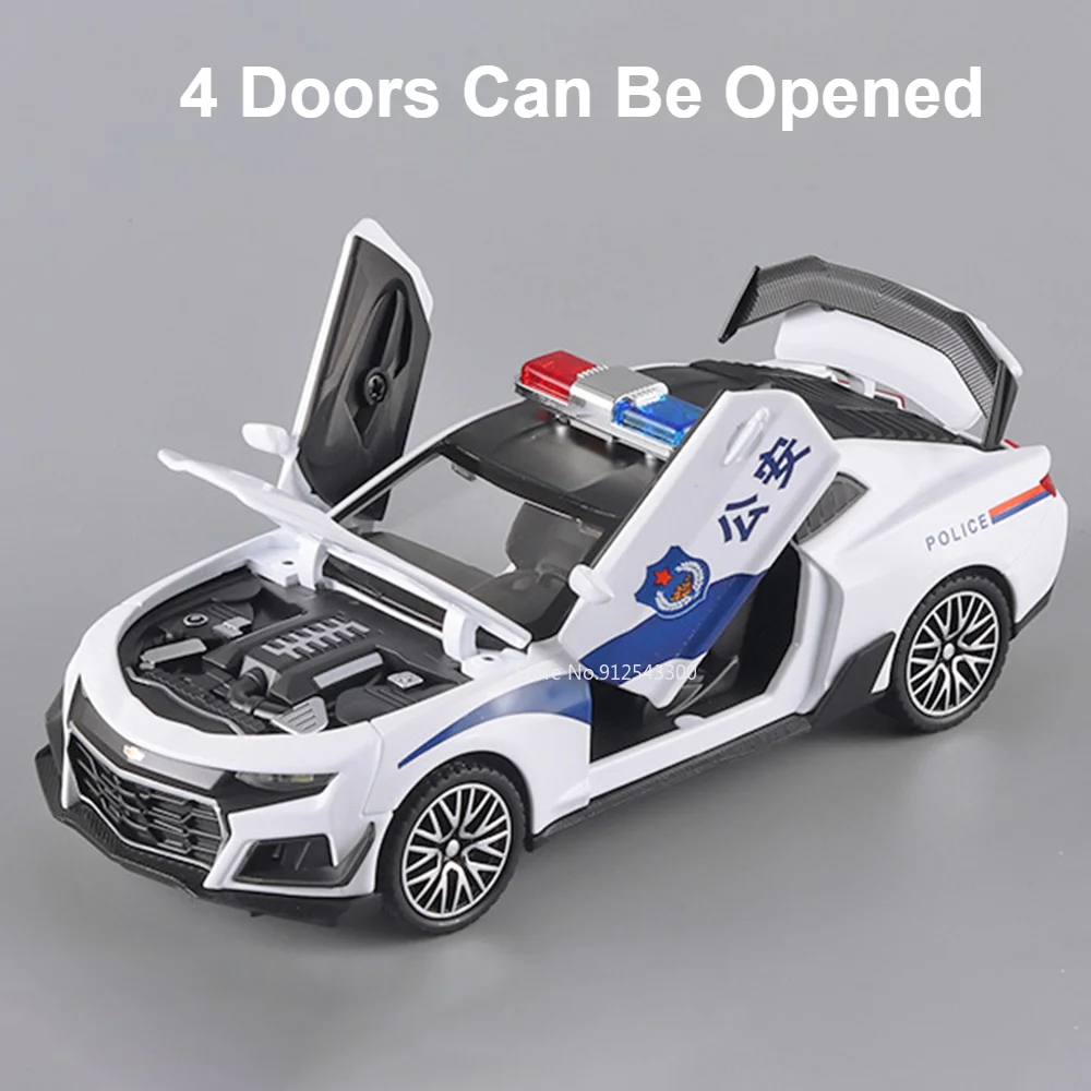 1/32 Scale Police Car Model Toy Alloy Body Pull Back Sound Light Doors Opened Sports Cars Models Ornament Collection Kids Gifts