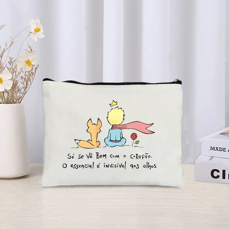 Cartoon Little Prince and Fox Makeup Bag Eco Canvas Women Travel Cosmetic Organizer Toilet Pouch Side Bag for Ladies Cute Purse