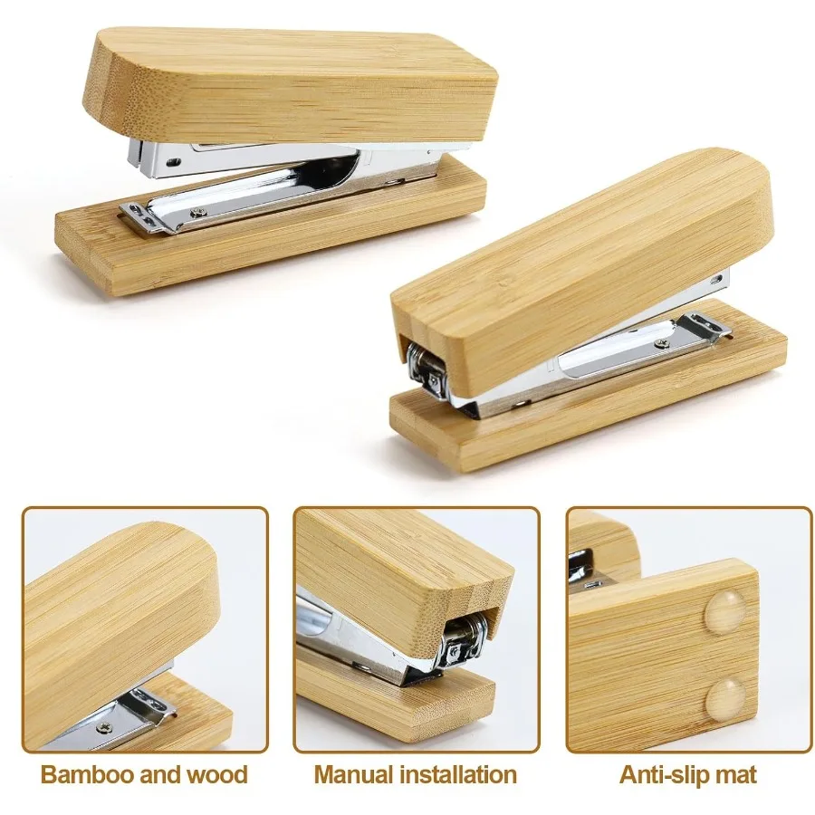 Bamboo Wood Stapler for Desk Heavy Duty 25 Sheet Capacity Vintage Wood Stapler with 1000 Staples Office Desktop Staple Desk Acc
