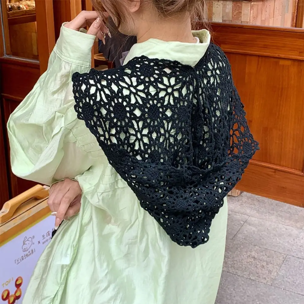 

All-match Flower Hollow Out Crochet Shawl Thin White Hooded Scarves Scarf Accessories Korean Style Lace Scarf Spring