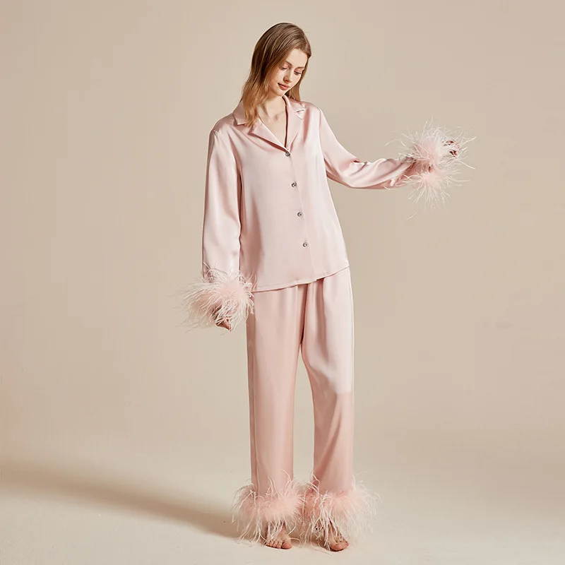 Elegant Ostrich Feather Trim Pajamas, Viscose Long Sleeve Loungewear Set, Notched Collar Blouse and Pants, Soft & Breathable