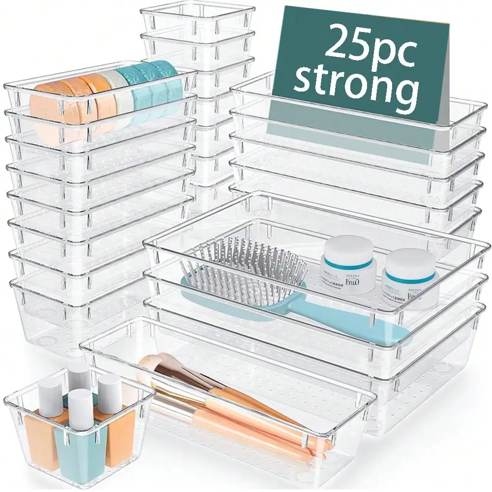 Conjunto de organizador de gaveta transparente de 25 unidades, 4 tamanhos, caixas de armazenamento multifuncionais