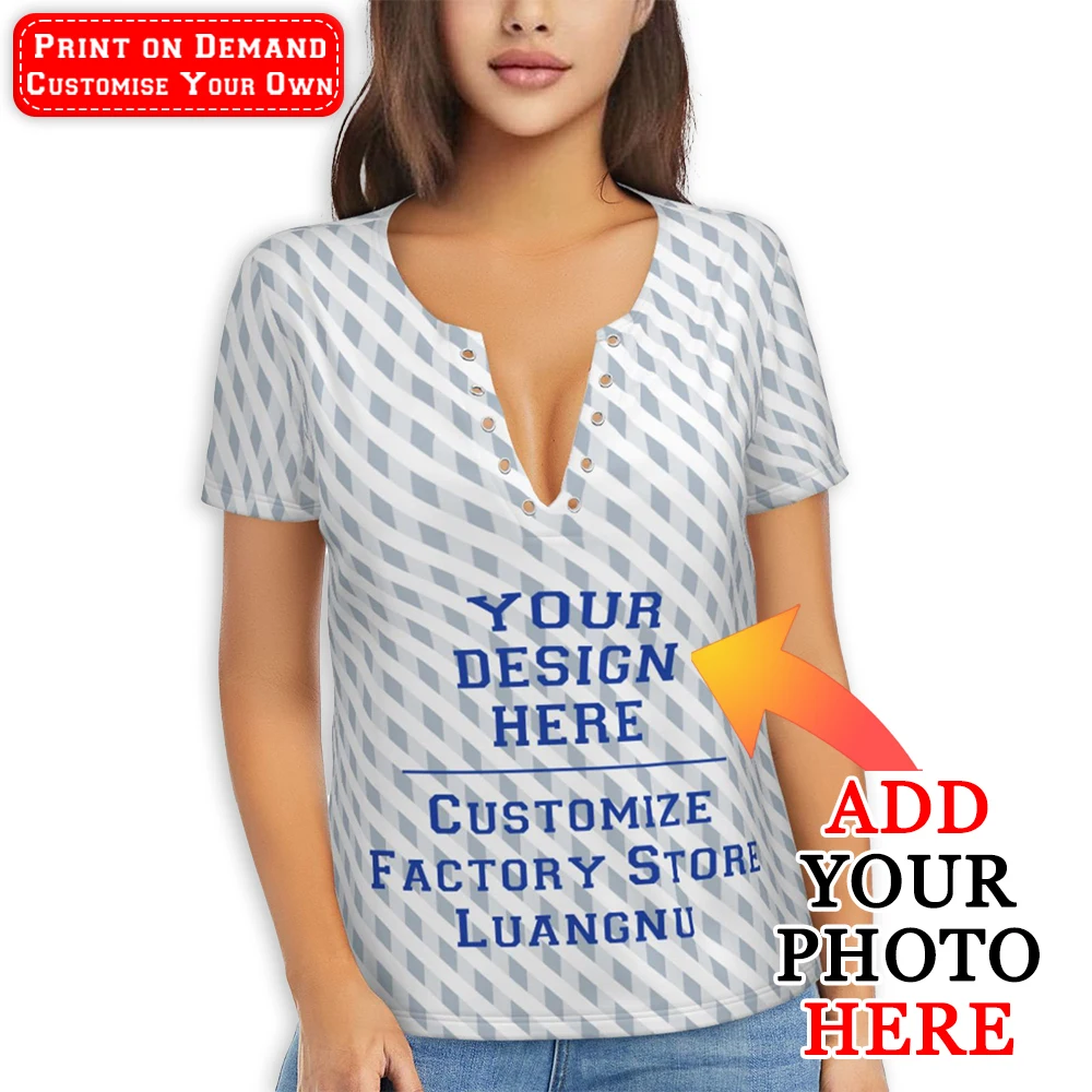 Customise Sexy Women's T-shirt Custom Deep V Short Sleeved Tees Tops y2k Female Clothing Personalized Images and Text as Gifts