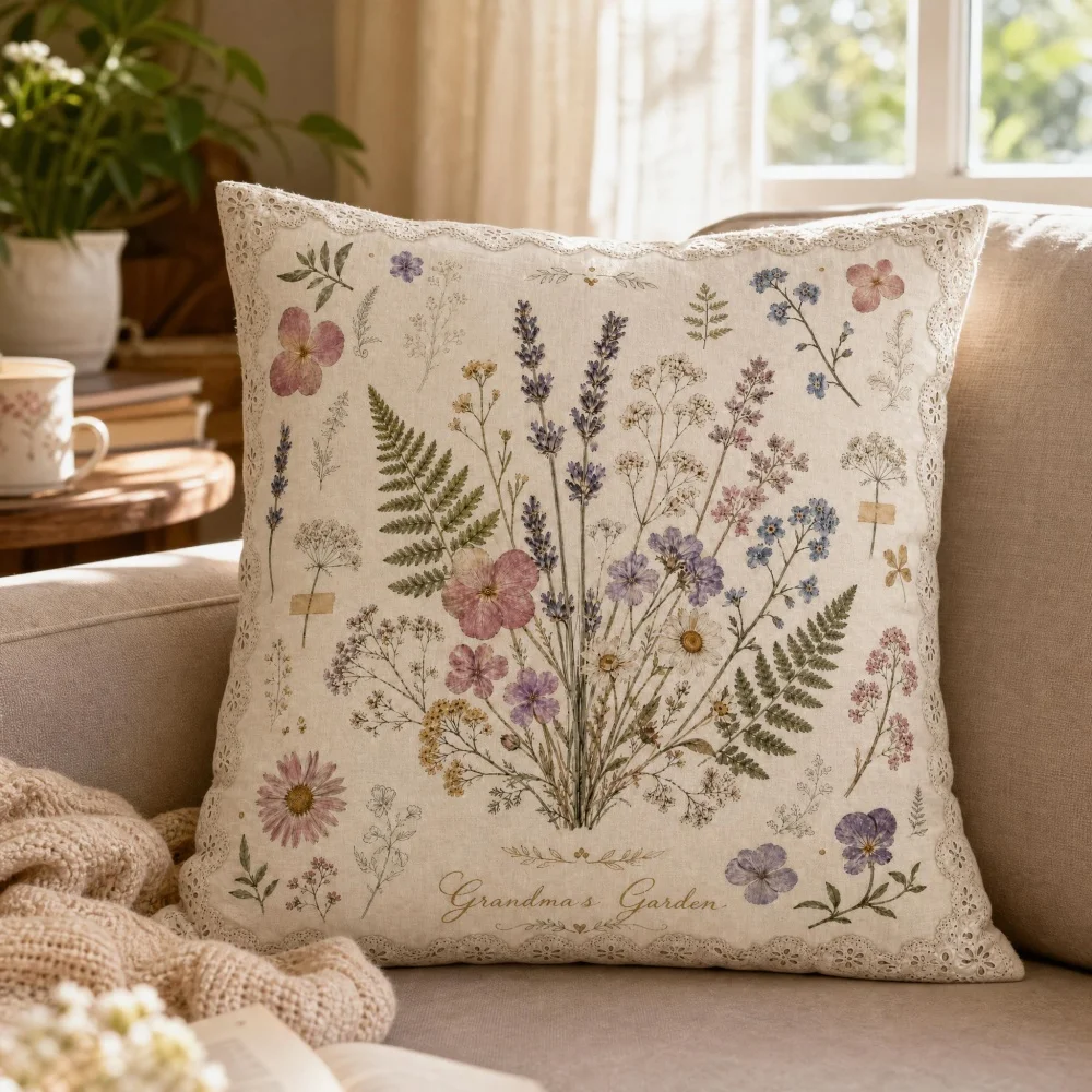 Vintage Dried Wildflower Lace Printed Square Throw Pillow Botanical Cottagecore Decorative Cushion for Farmhouse Sofa Home Decor