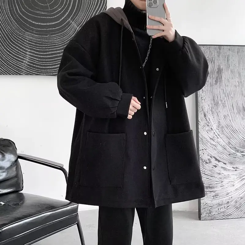 

Мужское осенне-зимнее шерстяное пальто большого размера с капюшоном, имитация двухслойности, свободный крой, модное, премиум-класса, повседневное