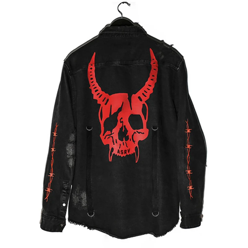 

Harajuku Gothic Denim Jacket Mens Casual Coat Vintage Skull Halloween Clothes Spring Autumn High Street Punk Printing Jacket