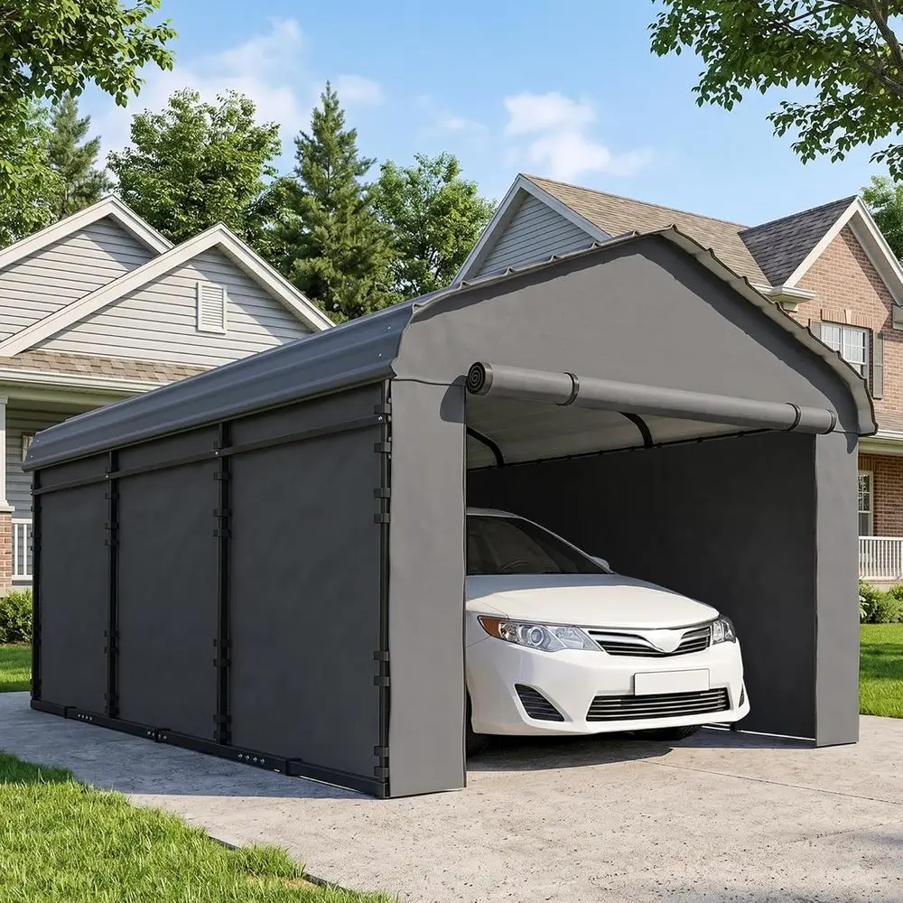 

10' x 15' Heavy Duty Metal Carport, Waterproo Garage Car Shelter with Galvanized Metal Roo and Removable Sidewalls or Cars, Boat