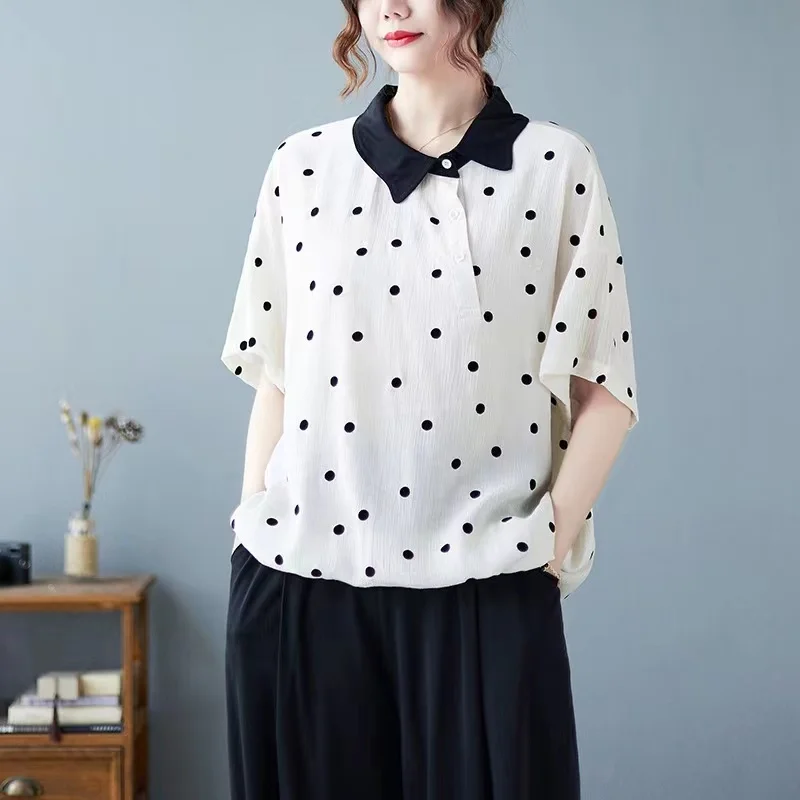 Estate New Sle Loose Casual Polka Dot Design Colletto rovesciato ort Sve Donna irt Versione coreana di grandi dimensioni