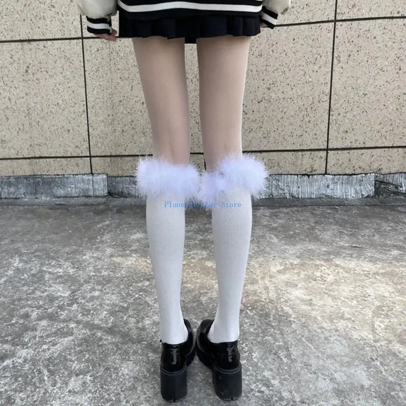 

652B женские японские хлопковые гольфы винтажные однотонные чулки с меховой отделкой из перьев