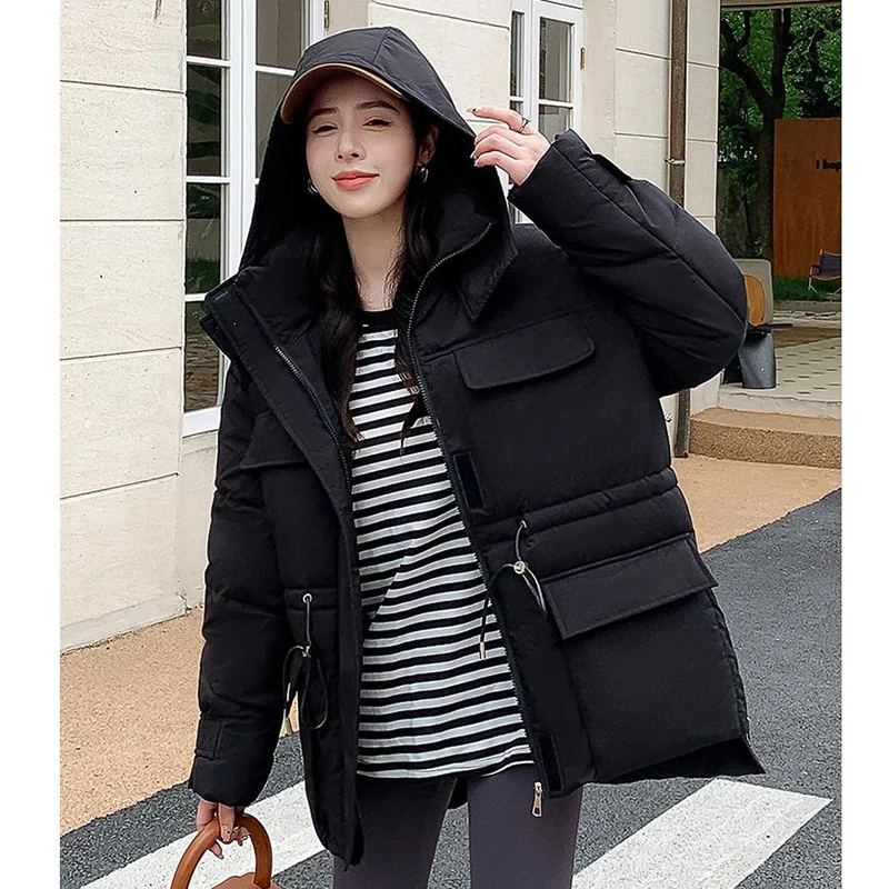 Gidyq Winter Thick Warm Parkas Women Fashion Designed Drawstring Loose Down Jacket Casual Female Big Pocket Korean Puffty Coats