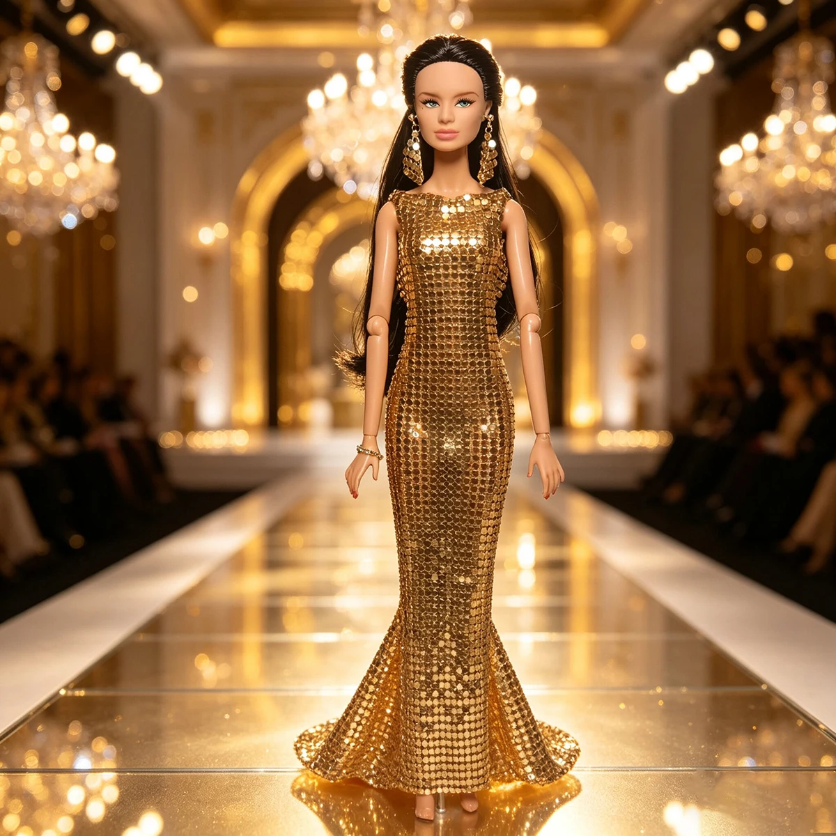 1/6 Doll Clothes Accessories Exquisite Luxurious Design Sequin Evening Gown+Metal Earring For 30cm Babi Supermodel Doll Dress Up