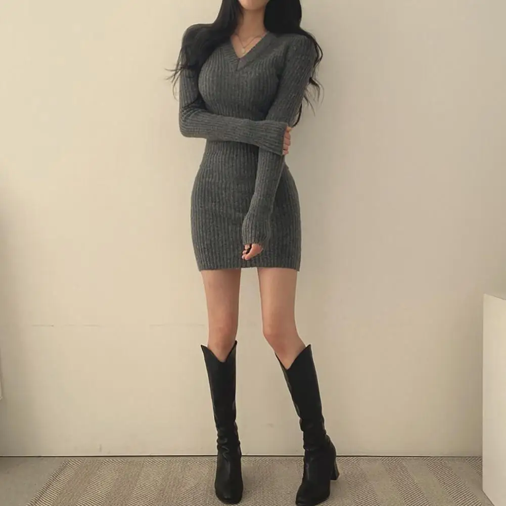 Winter Sweater Dress Long Sleeves Knitted Above Knee Slim Fit V Neck Elastic Solid Color Striped Texture Mini Dress Prom Dress