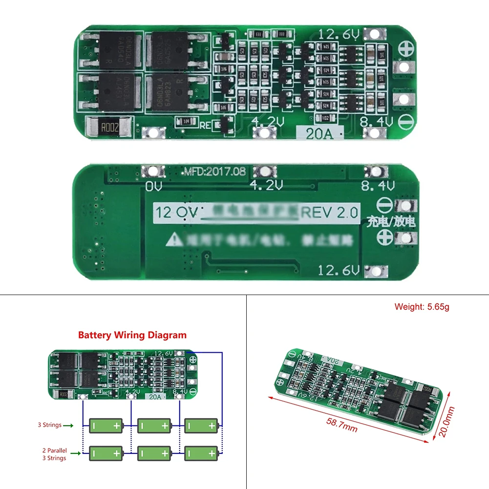 Li-ion Battery Protection Board Revision 2.3 1 Pcs 12.6V 20A 59x20x3.4mm High Quality Protection Board Brand New