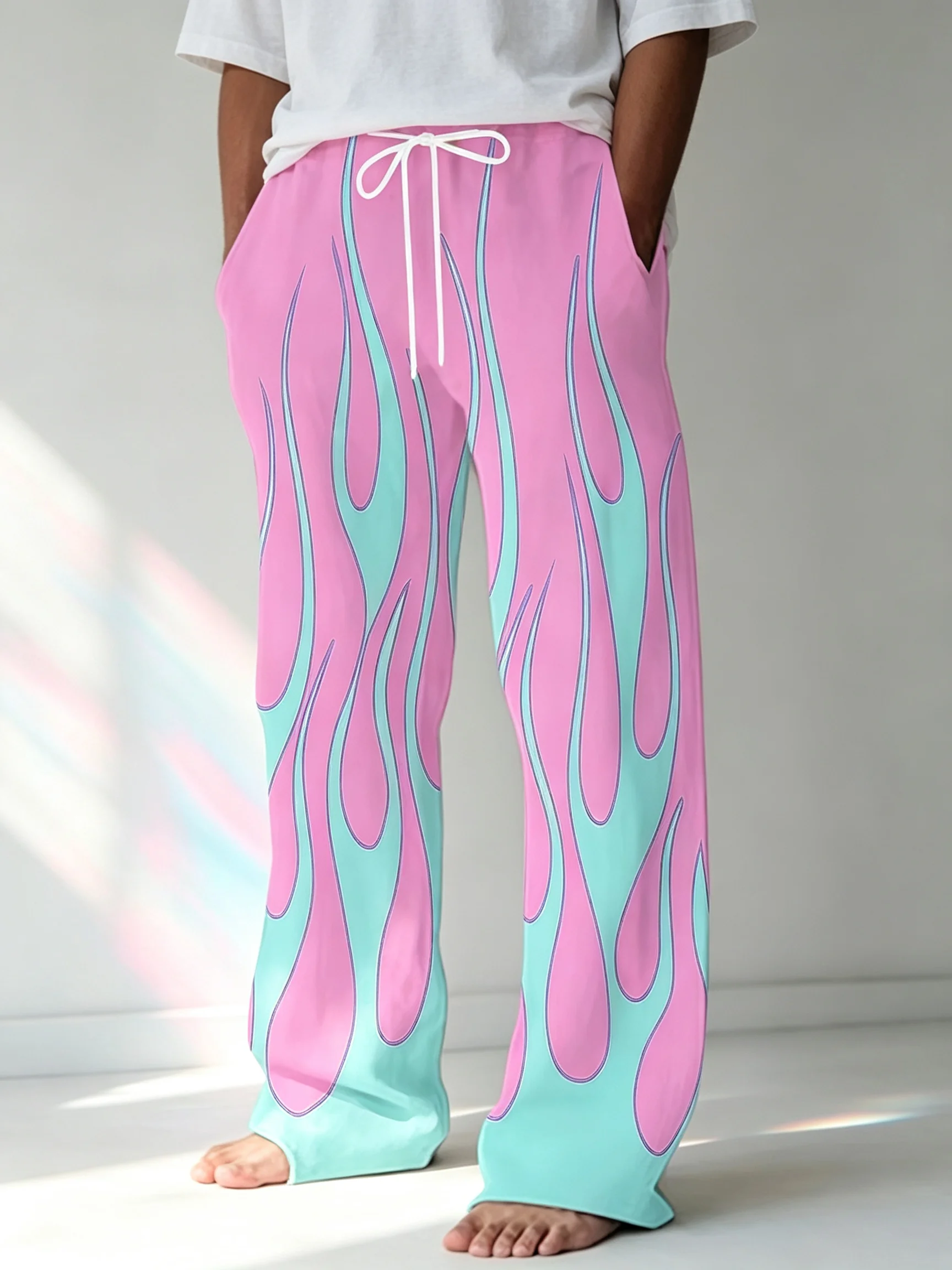 Fashion Men Pink‑Cyan Flame Graphic Wide Leg Pants Elastic Drawstring  Streetwear Casual Long Trousers Daily Holiday Beach Pants