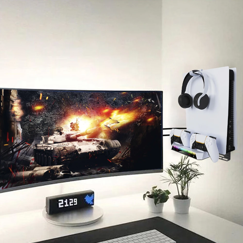 

RGB Light Wall Stand W/ Headset Holder for PS5/PS5 Slim Disc & Digital Console Shelf Floating Mount with Dual Controller Charger