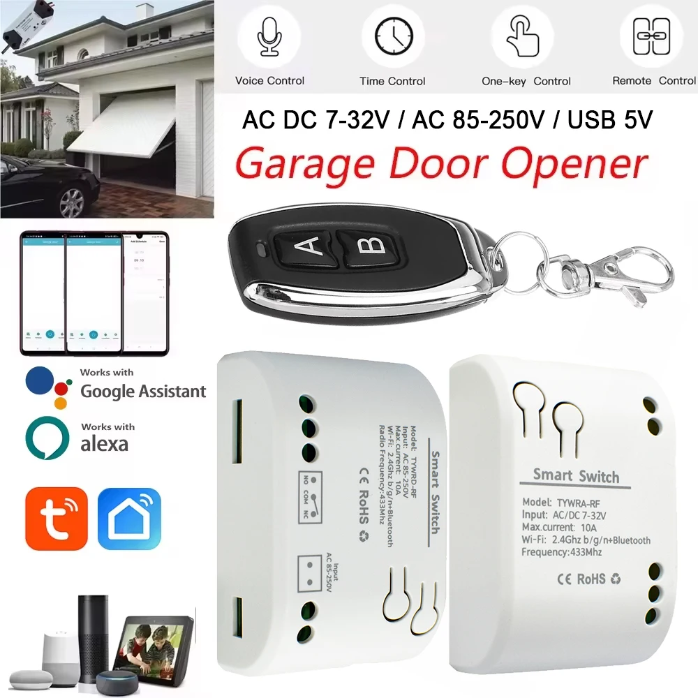 Tuya Smart Garage Door Opener Wifi Sliding Swing Gate Receiver 1 Channel Dry Contact Remote Control Controller Alexa With RF433