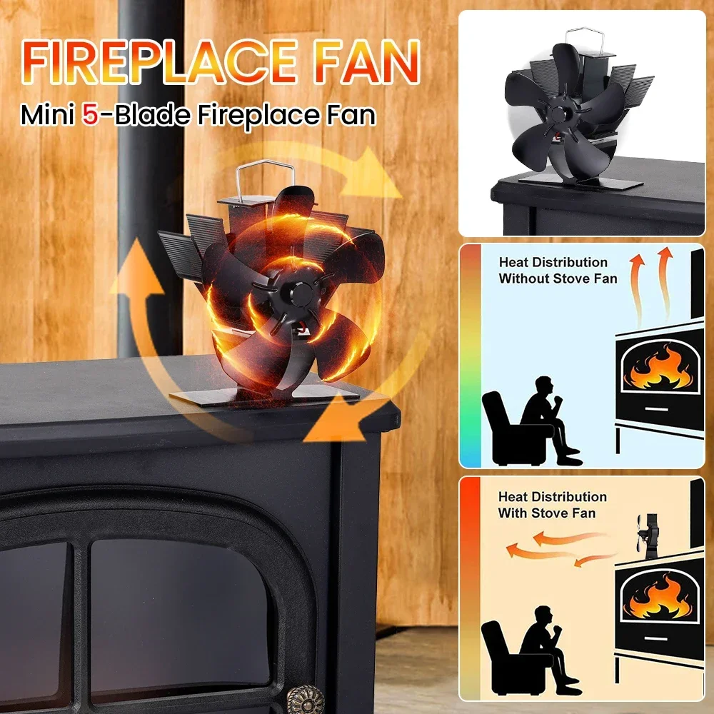 Mini Fireplace Fan 5 Blade Heat Powered Stove Fan Log Wood Burner Eco-fan Quiet Fireplace Fan Heater Efficient Heat Distribution