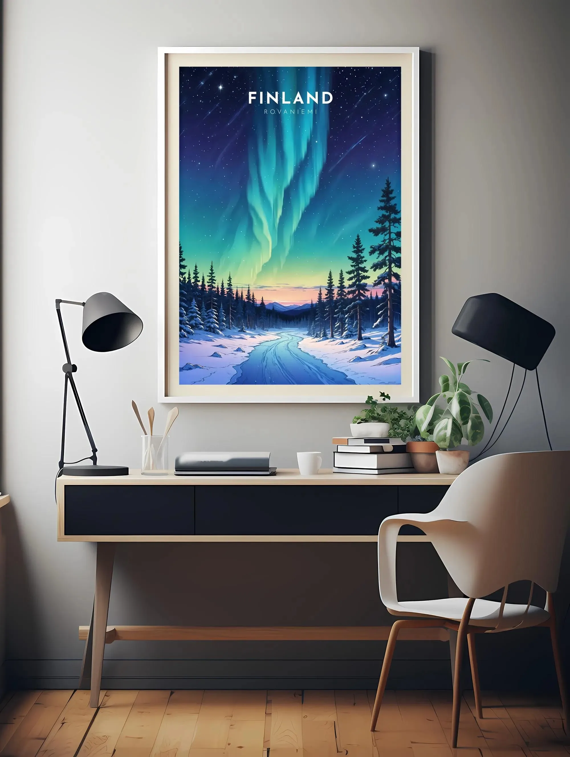 Finland travel poster, Rovaniemi Northern Lights printed materials, snowfield aurora poster gifts, home living room decorations.