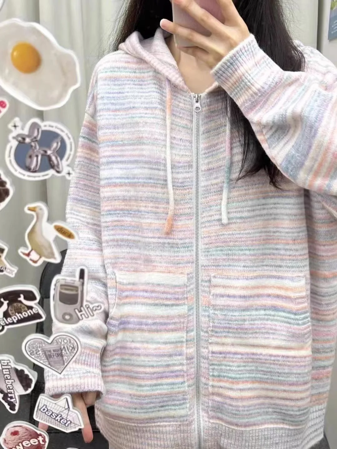 Plus size arco-íris listras de malha com capuz feminino cardigan camisola confortável solto ajuste longo casaco de fibra de poliéster sve