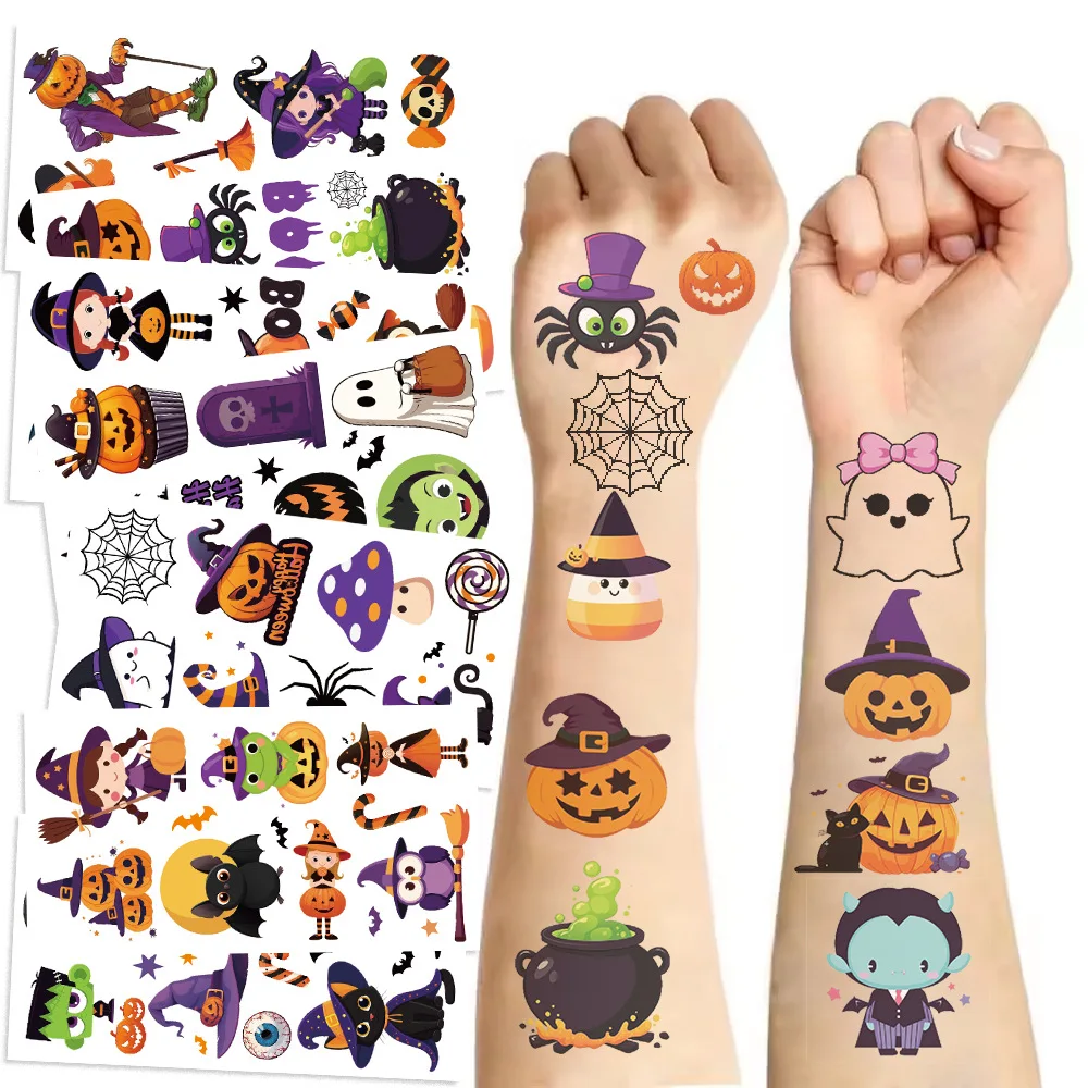 10 Sheets Halloween Pumpkin Tattoo Stickers Arm Body Watercolor Tattoo Simulation Temporary Fake Tattoo Children's Toy Gift