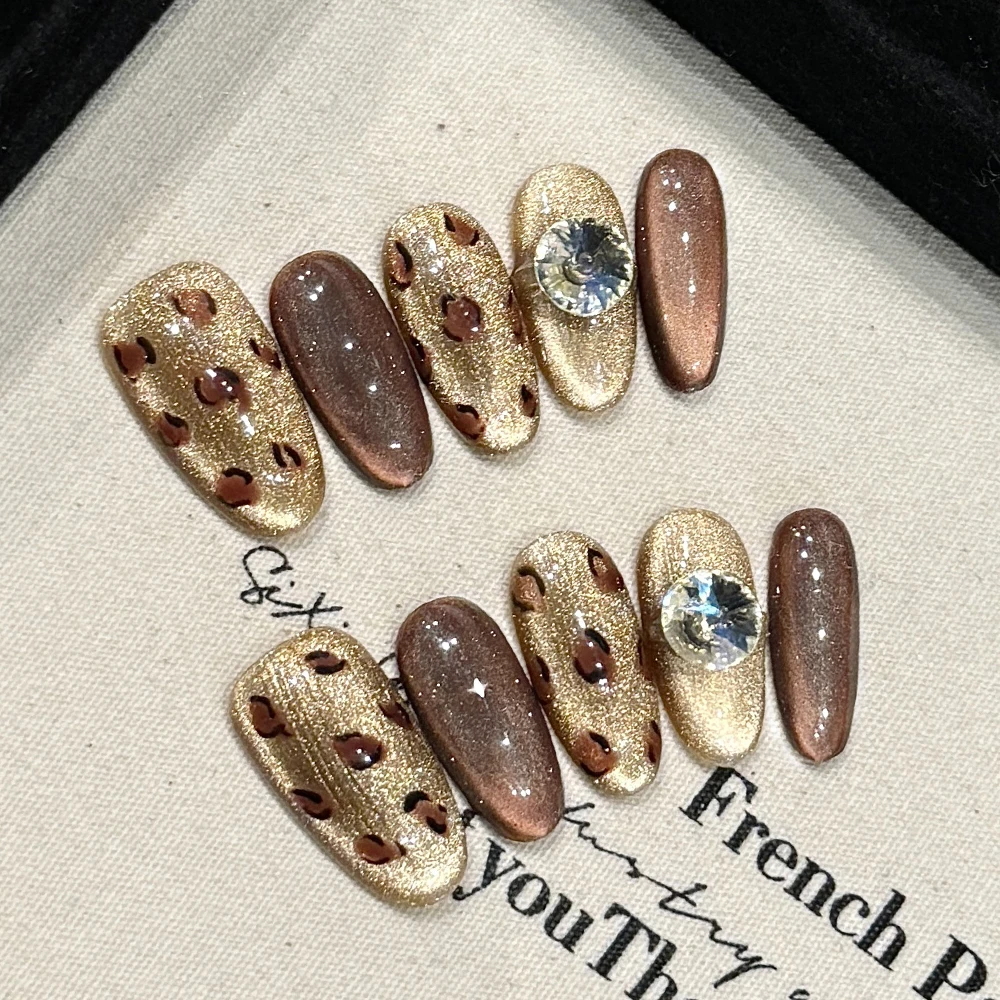 

10 шт., ручная работа, пресс для ногтей, средневековый карамельный кошачий глаз, блестящий леопардовый принт, ретро бриллиантовый декор, накладные ногти, носимые маникюрные ногти