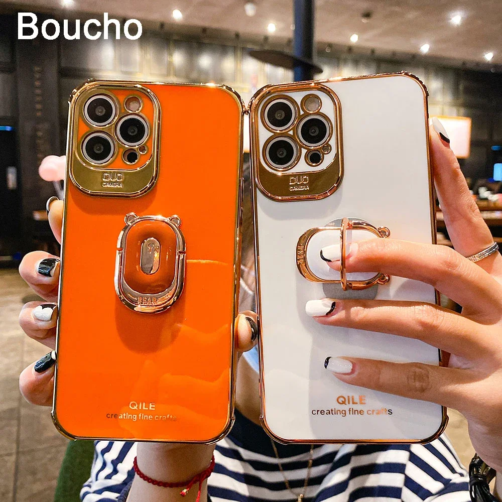 Boucho Luxury electroplating phone case for iphone 14 Plus 13 12 Pro MAX 11Pro Phone Holder Ring Grip Case