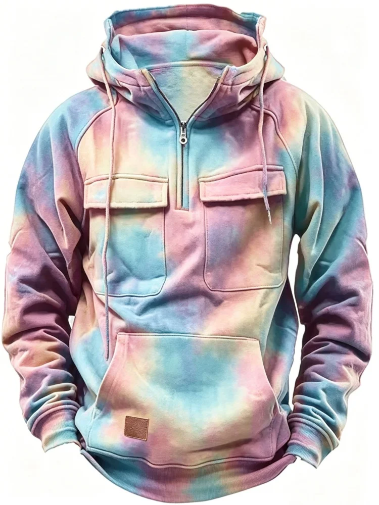 Men's Half Zip Up Hoodie Rainbow Tie Dye Print Multi-Pocket Casual Loose Fit Pullover Sweatshirt