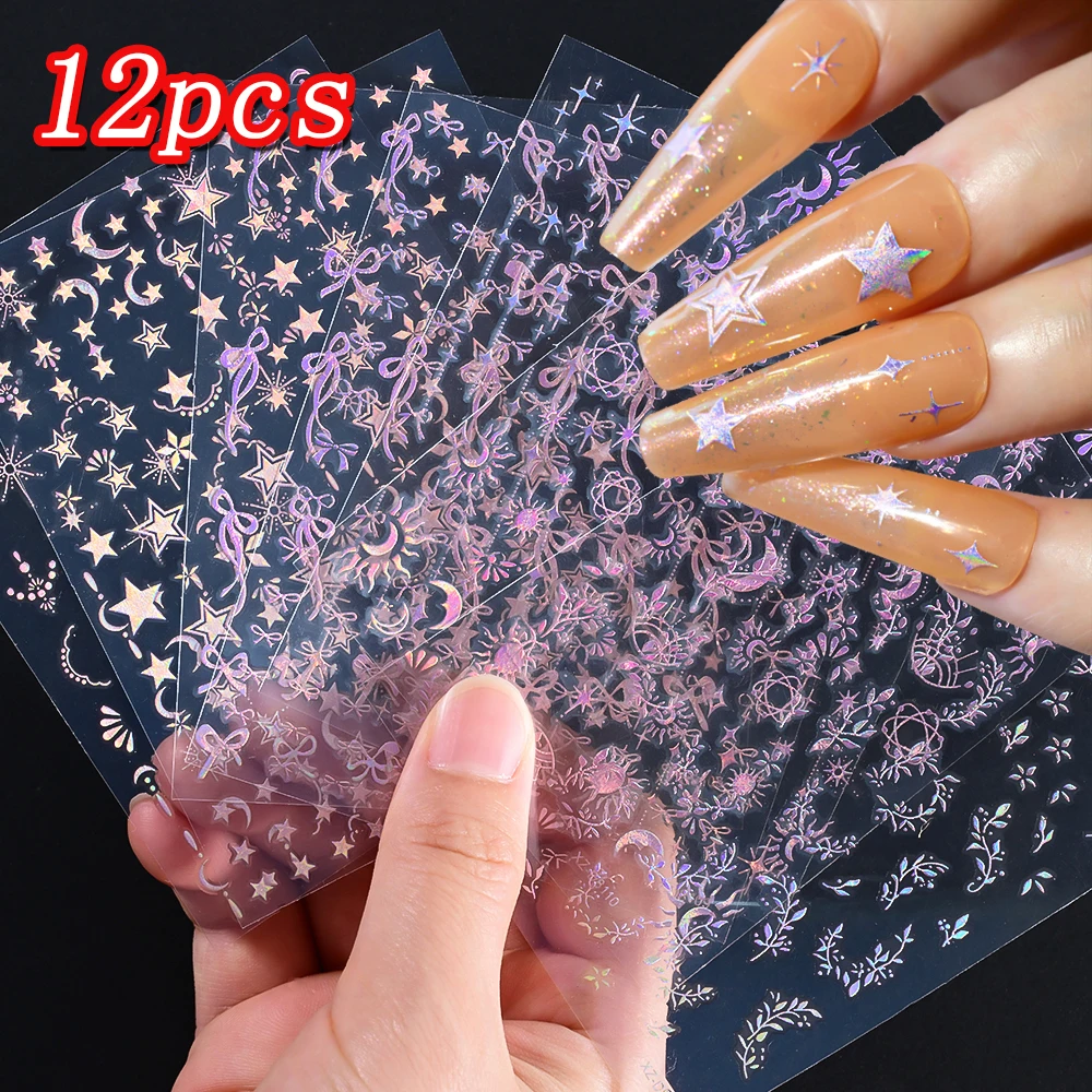 12 pezzi 3D olografico rosa stella/luna/arco adesivi per unghie iridescente Starlight nail art decalcomanie autoadesive manicure cursore adesivo