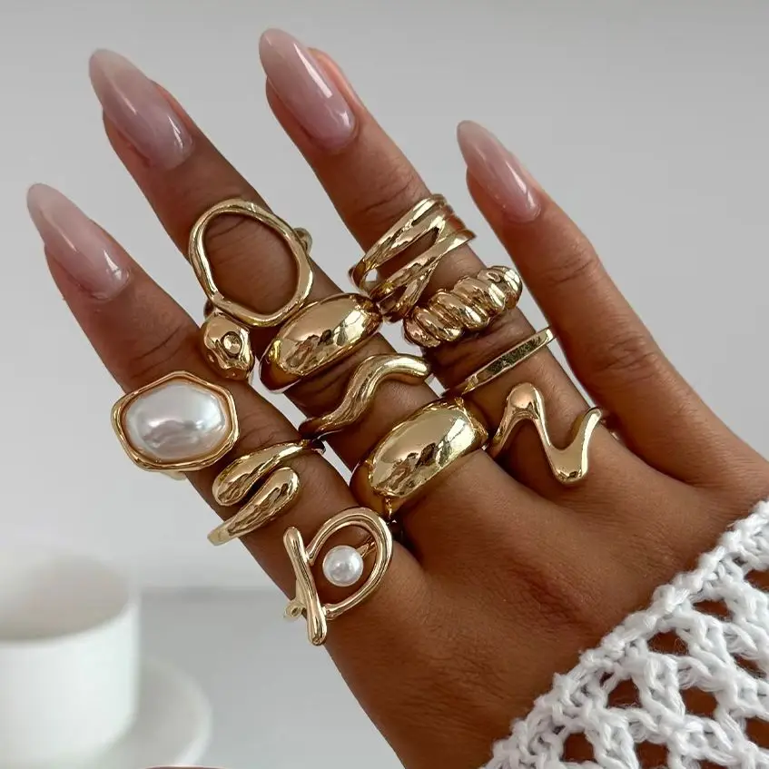 Ingemark 11 قطعة/المجموعة خمر تقليد خواتم اللؤلؤ للنساء 2026 جديد عصري غير النظامية المعادن المفصل خواتم مجموعة زوجين مجوهرات هدية #2