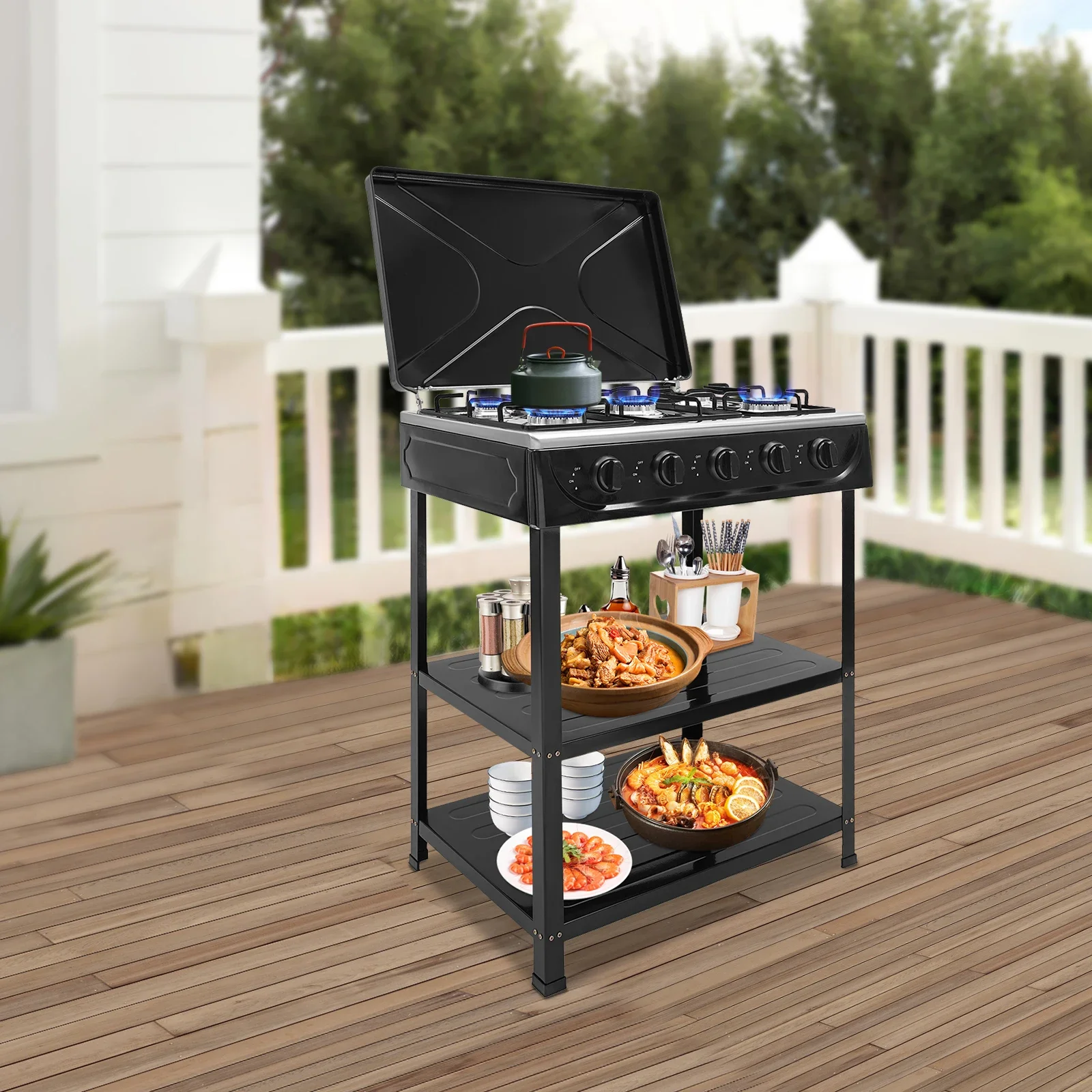 موقد غاز طبيعي محمول إشعال يدوي مع 5 شعلات وغطاء حجب الرياح للتخييم وصيد الأسماك والأنشطة الخارجية للسفر في الهواء الطلق