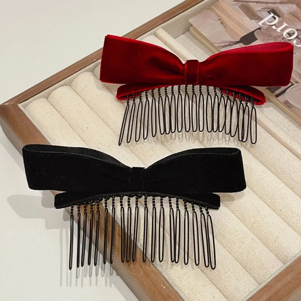 

Vintage Hair Comb Bow Hairpin Red Cloth Velvet Bowknot Hair Clip Side Clip Korean Style Headwear Student