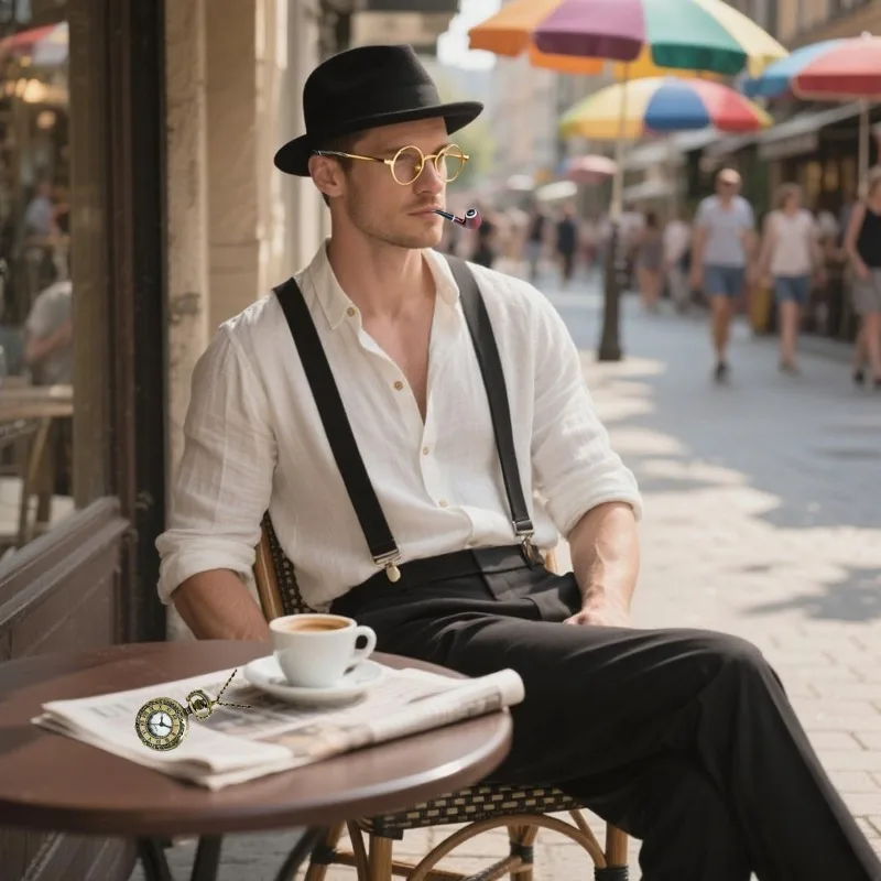 1920s Mens Costume Accessories Outfit Set Gangster Roaring 20s Costumes for Gatsby Party 30s Y-Back Beret Suspender pocket watch view 6