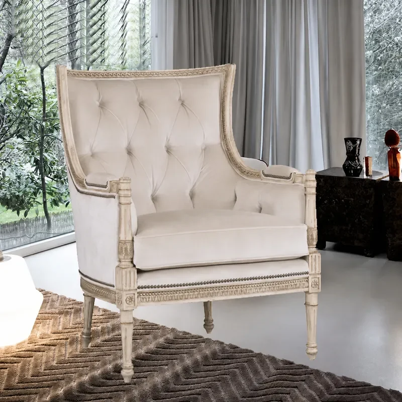 American Solid Wood Single Sofa Chair Fabric Leisure Armchair for Living Room Bedroom High Back Luxury Style Comfortable Seat