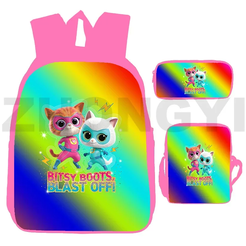 Canvas SuperKitties Backpacks Cute Cat 3D Anime Pink SuperKitties Mochila 3 In 1 Students Elementary Bookbag Cosplay Makeup Bag