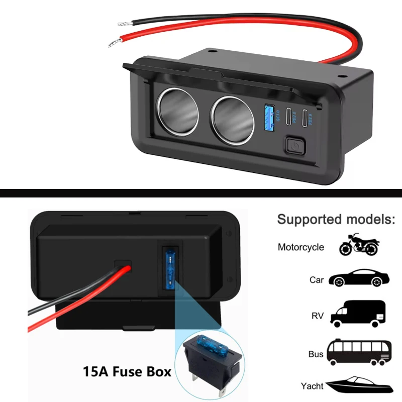12V 3 Port Car Cigarette Lighter Splitter Fast Charger QC3.0 & Dual PD3.0 Power Adapter with Switch for RV Marine Truck ATV UTV