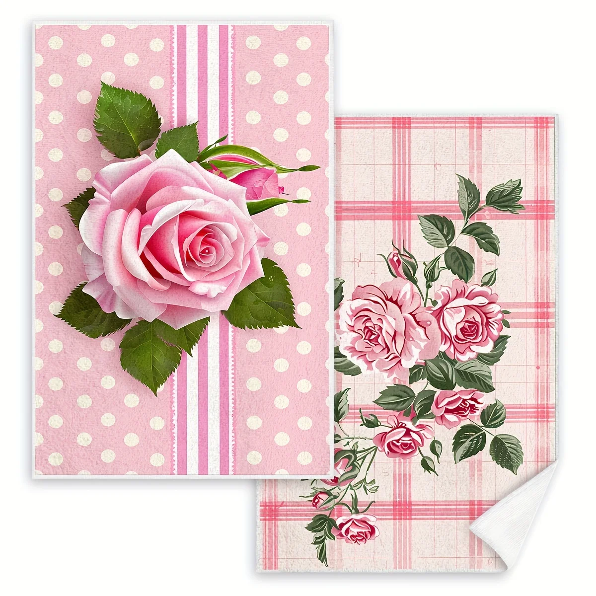 2Pcs, Polka Dot Striped Pink Rose Kitchen Towels, 40Cm*60Cm Towel Set, Super Absorbent Soft Cleaning Cloth, Cooking and Baking Tea Towel, Hand Towel, Cleaning Cloth, Dishcloth, Kitchen Decoration, Living Room Decoration, Kitchen Essentials, Home Essentials
