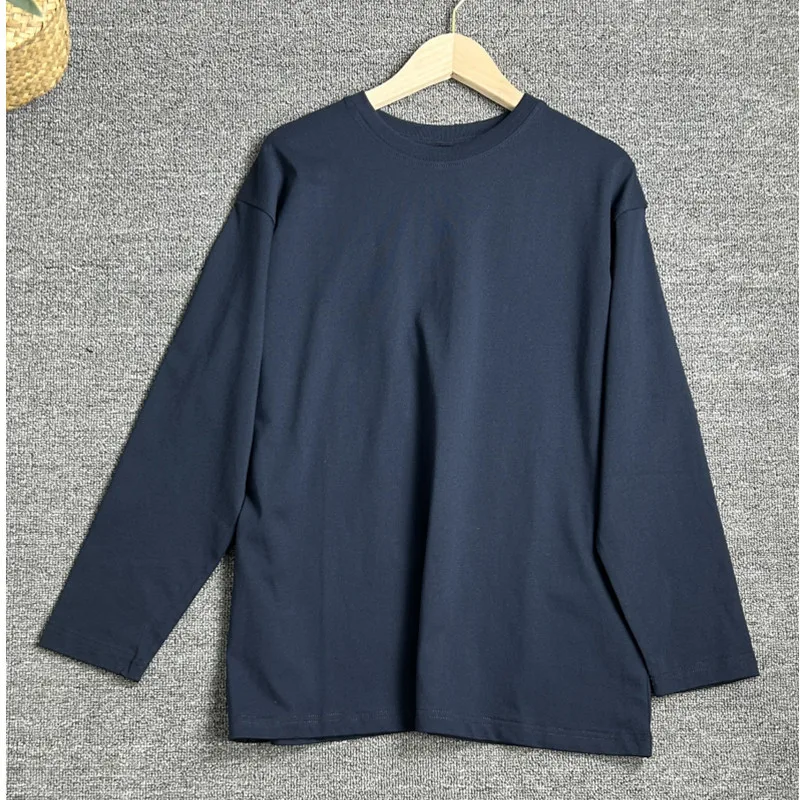 Three-Color Simple Round Neck Long-Sleeved T-Shirt Simple Advanced Basic Style Classic Round Neck Back Sewn Top