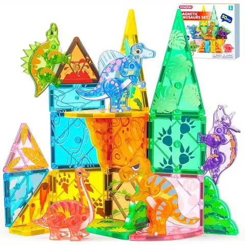 JOYFY 50 pezzi piastrelle da costruzione magnetiche set di dinosauri per bambini regalo di compleanno di Natale 5 simpatici dinosauri giocattolo educativo STEM