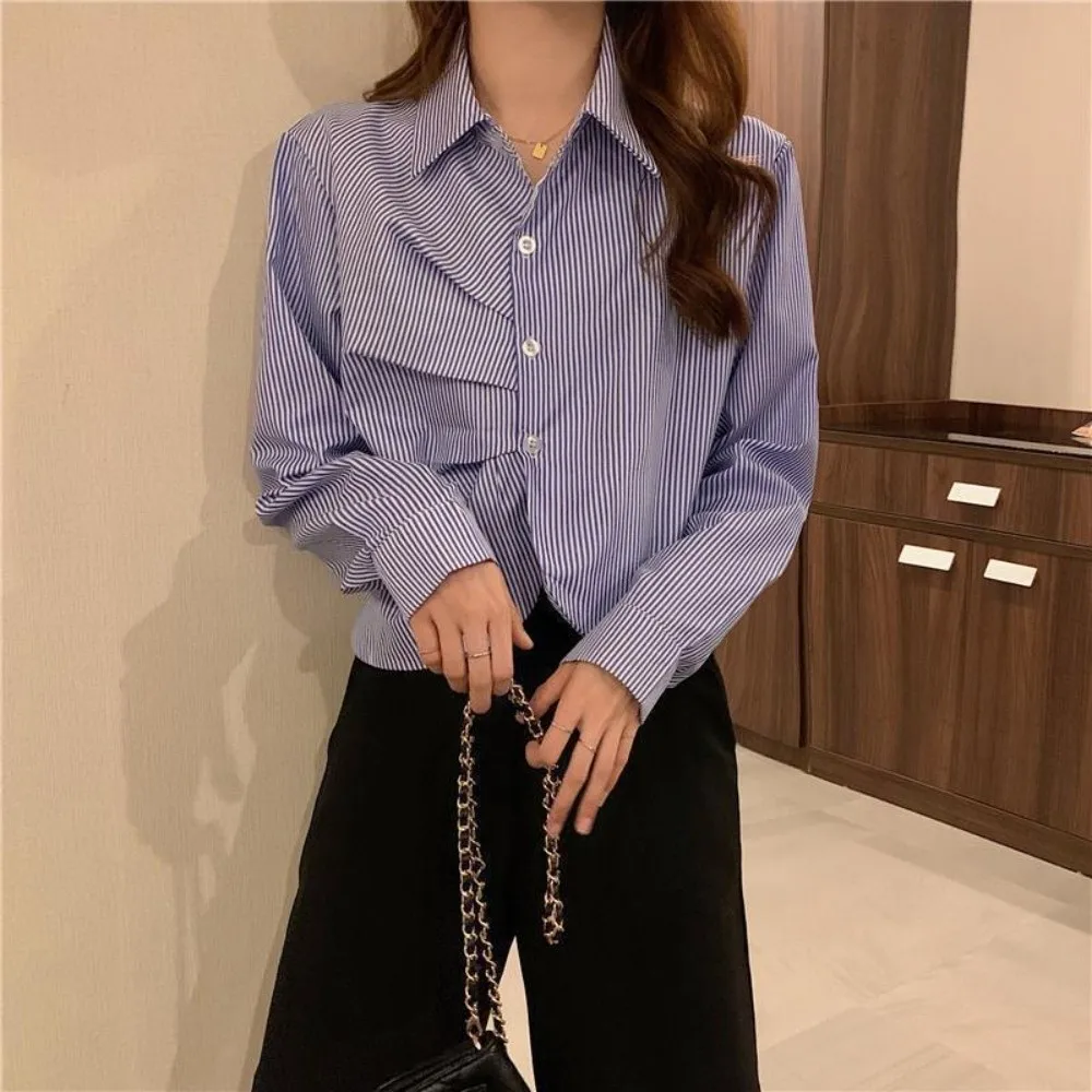 

Simple Short Ruffle Long Sleeve Shirt V-neck Korean Style Women Stripes Blouse Stripes Streetwear Long Sleeve Tops Women