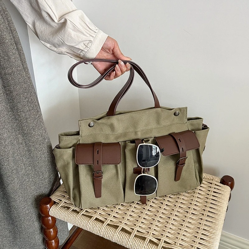 New Women Shoulder Bag Canvas Handbag for Large Capacity Army Green Multi-pocket Totes Suitable All Adults Ideal for Commutes