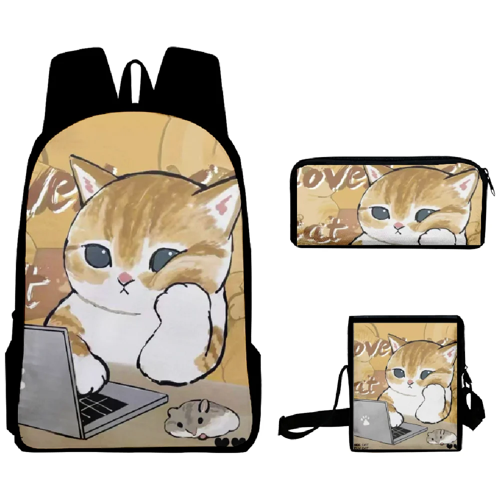 Mochila Harajuku con estampado 3D de gato de trabajo, bolso de hombro para ordenador portátil, estuche para lápices, novedad, Juego de 3 unidades