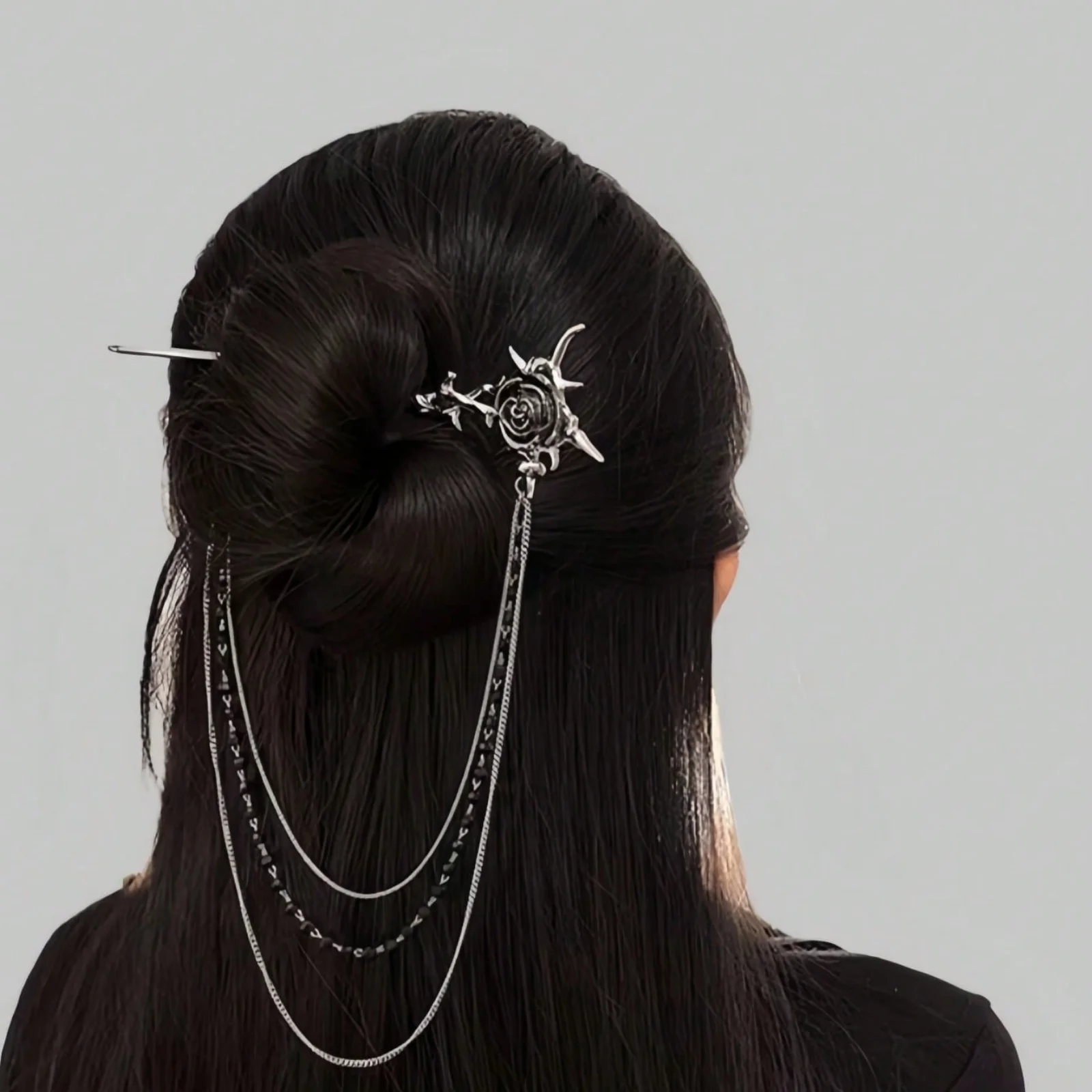 1PC Gothic Punk Thorn Rose Tassel Beaded Chain Hair Accessory & Hair Clip (For Women), Zinc Alloy image 4