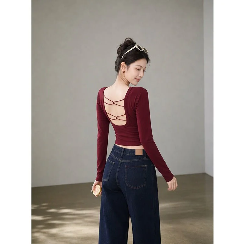 Slim Fit Hollow out Base Shirt Women's Early Autumn New Basic Long Sleeve T-Shirt Back Exposure Top Polyester Fiber