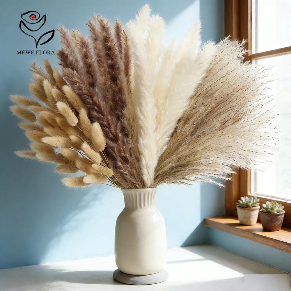 Ramo de Flores Secas Estilo Boho con Hierba de Pampas y Colas de Conejo para Arreglos Florales en Jarrones de Sala de Estar, Decoración para el Hogar, Bodas y Fiestas, Juego de 100 Piezas