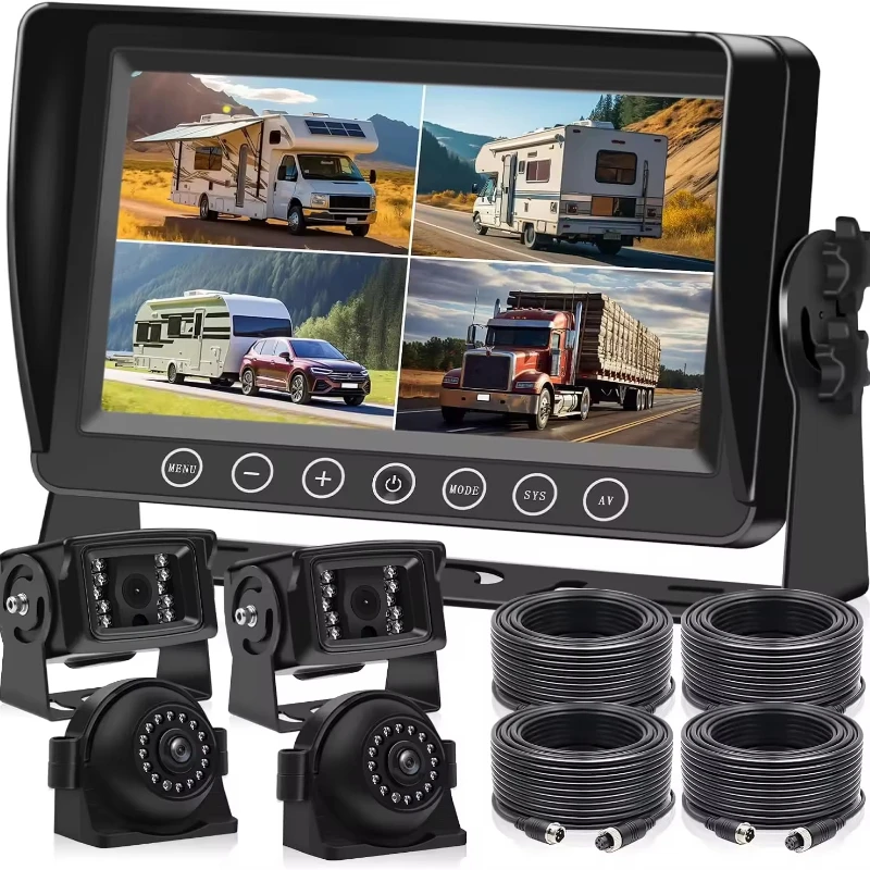 Four-screen backup DVR recording camera system for trucks and heavy machinery