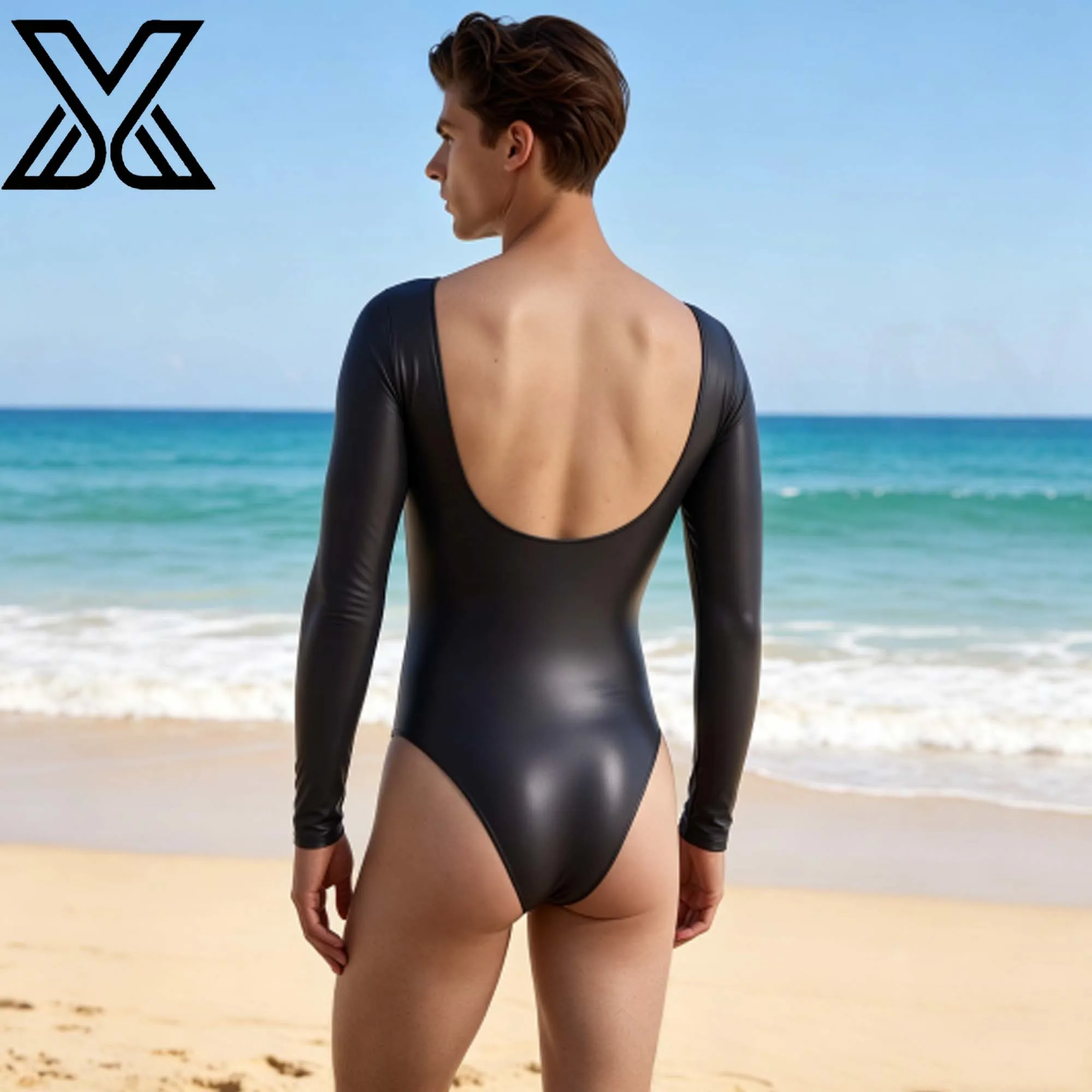 XMJXMY Men's sexy metallic glossy one-piece swimsuit with low back and long sleeves, suitable for beach wear and performances